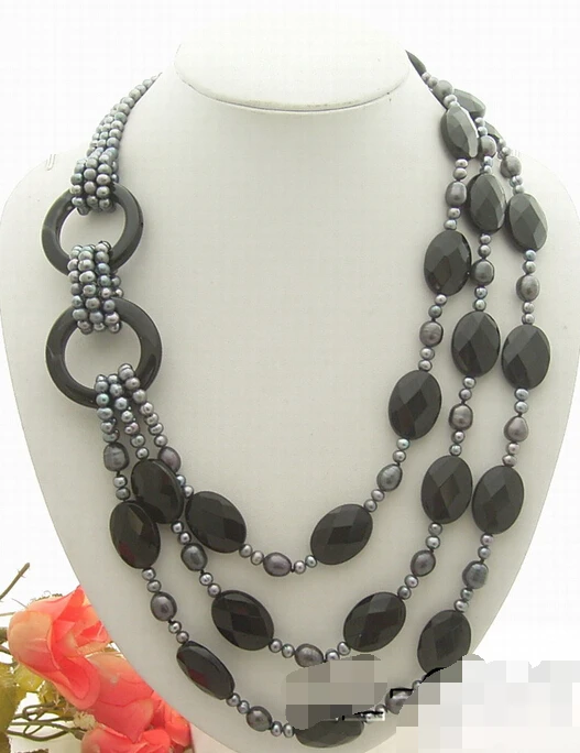 

huij 003537 3Strds Black Pearl&Natural Onyx Necklace