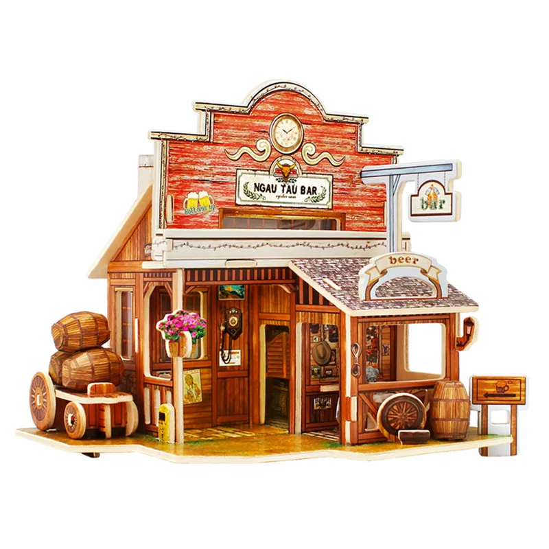 Robotime 13 видов DIY деревянный миниатюрный дом в мировом стиле сборные Модели Строительные наборы игрушка подарок для детей подростков взрослых F124 - Цвет: American Bar