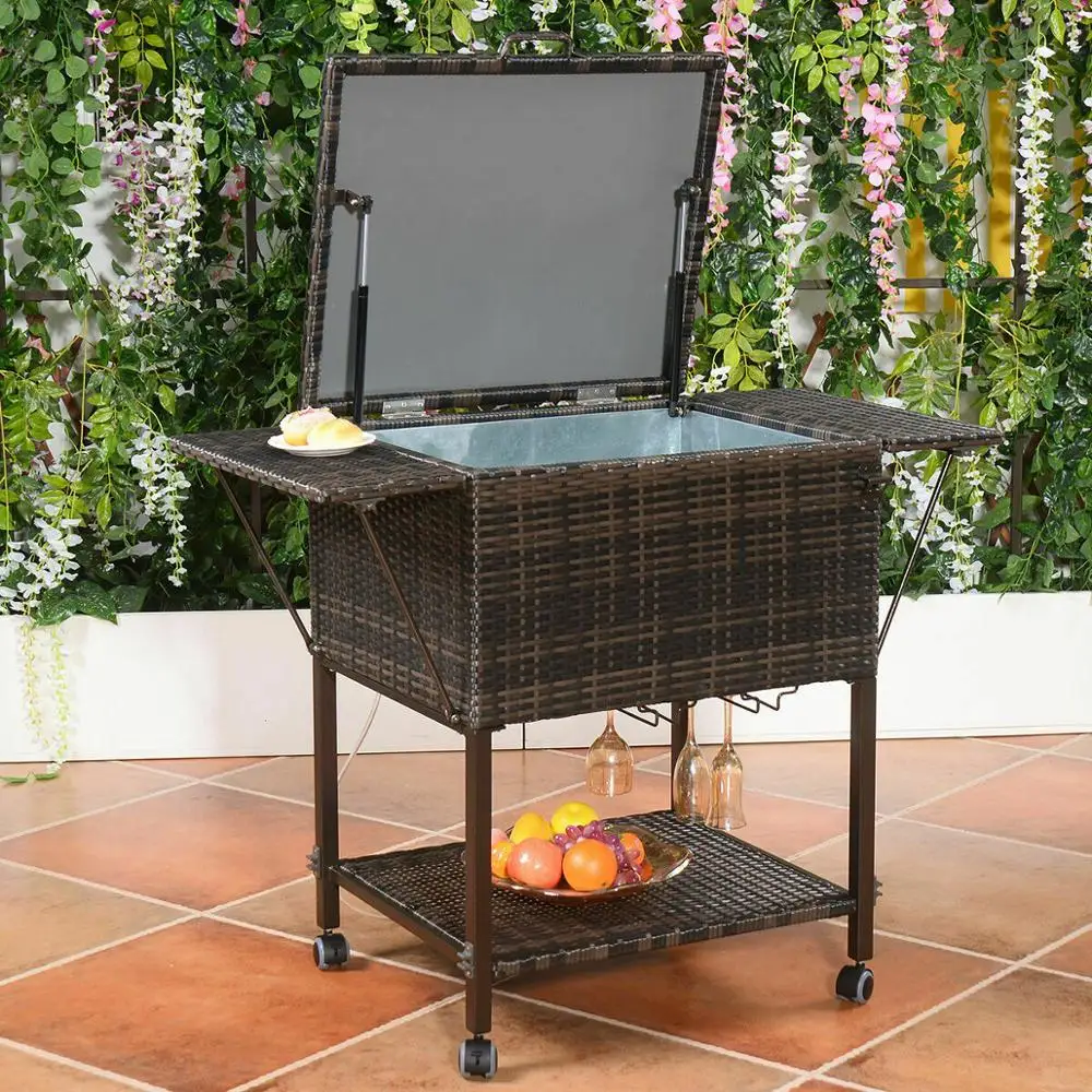 US $231.99 Giantex Portable Rattan Cooler Cart Trolley Outdoor Patio Pool Party Ice Drink Mix Brown HW52974