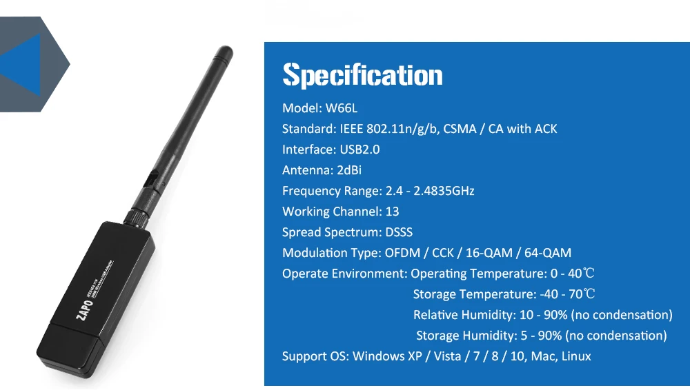 W66L 2dBi антенны 300 Мбит/с USB Беспроводной адаптер 802.11N USB Wi-Fi приемник 2,4 ГГц Wi-Fi Dongle для рабочего стола/ноутбука сетевой карты