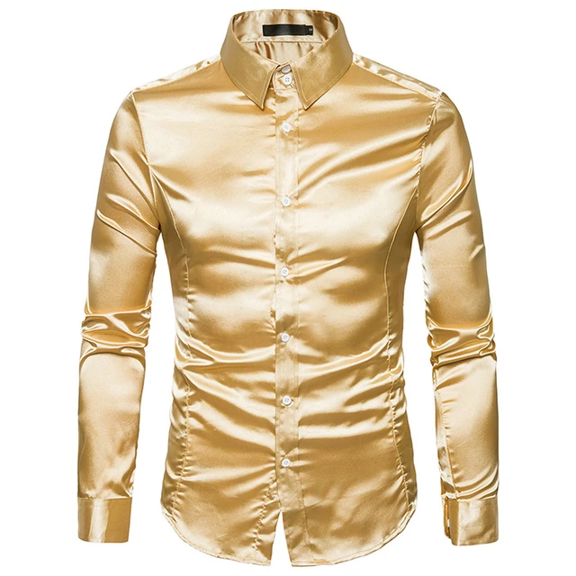 Smooth Silk Satin Shirt Men Slim Fit Long Sleeve Shiny Gold Silver ...