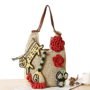 

Summer Women Rattan Tiger Straw Bags Tote Large Ladies Beach Handbag Wicker Travel Flower Crochet Shopping Bag Bolso Paja W3