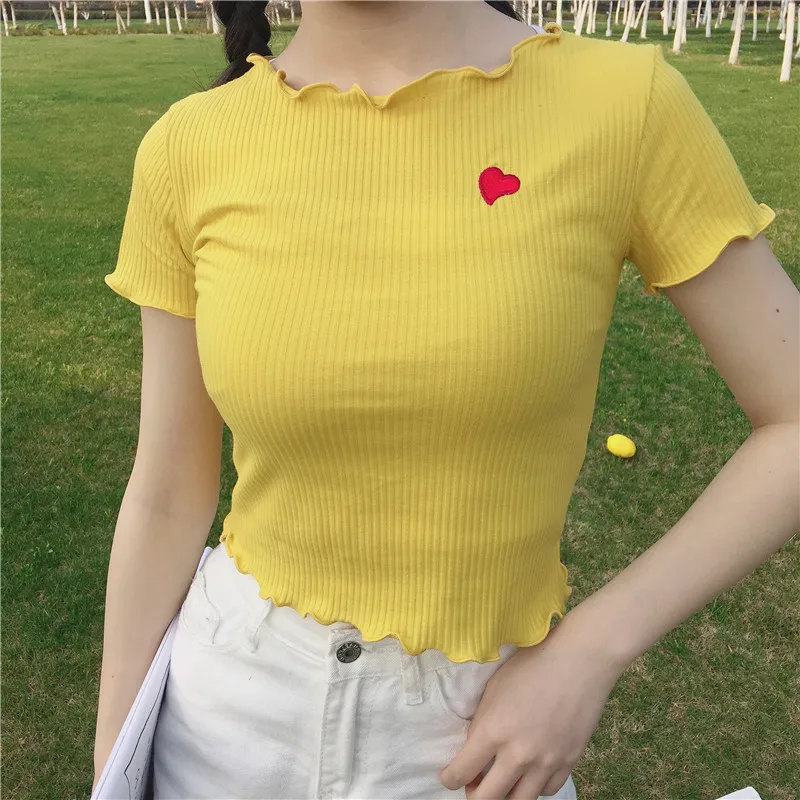 

Heart Embroidery Cotton Short T shirt Women Harajuku Style Cute Knitted Shirt Sweet Vaporwave 90s Tumblr Top Grunge Tshirt