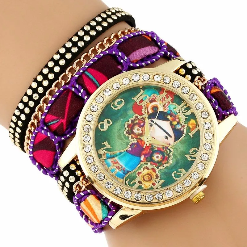 Gnova верхняя часть из платины большой ремешок большой циферблат местный этнический стиль Мексиканская девушка цветы Модные женские наручные часы кружевной браслет