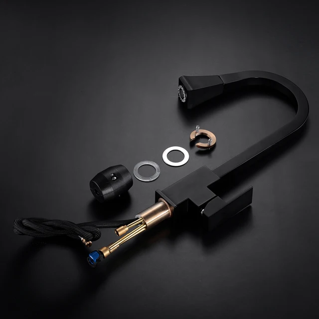 ก๊อกน้ำห้องครัวเงินดึงTap Single Hole Handleทองเหลืองสีดำหมุน360องศาMixer 866399R 6