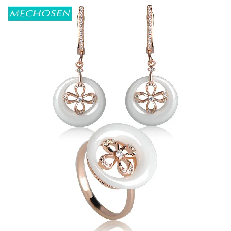 

MECHOSEN Bridal Jewelry Sets Ceramic Earrings&Rings Cubic Zirconia Ring Rose Gold Klee Princess Brinco Schmuck Set With Gift Box