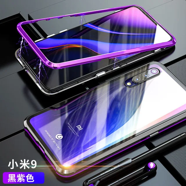 Роскошный магнитный металлический чехол для Xiaomi mi 9 чехол mi 9 прозрачный Магнитный стеклянный Жесткий Чехол для Xiaomi mi 9 чехол M9 - Цвет: Black Purple