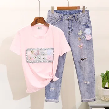 

2019 Summer Denim Pants Suit Woman Bead Embroidery Butterfly Flower Pull T-shirt + Hole Ripped Jeans Fashion Suit Female