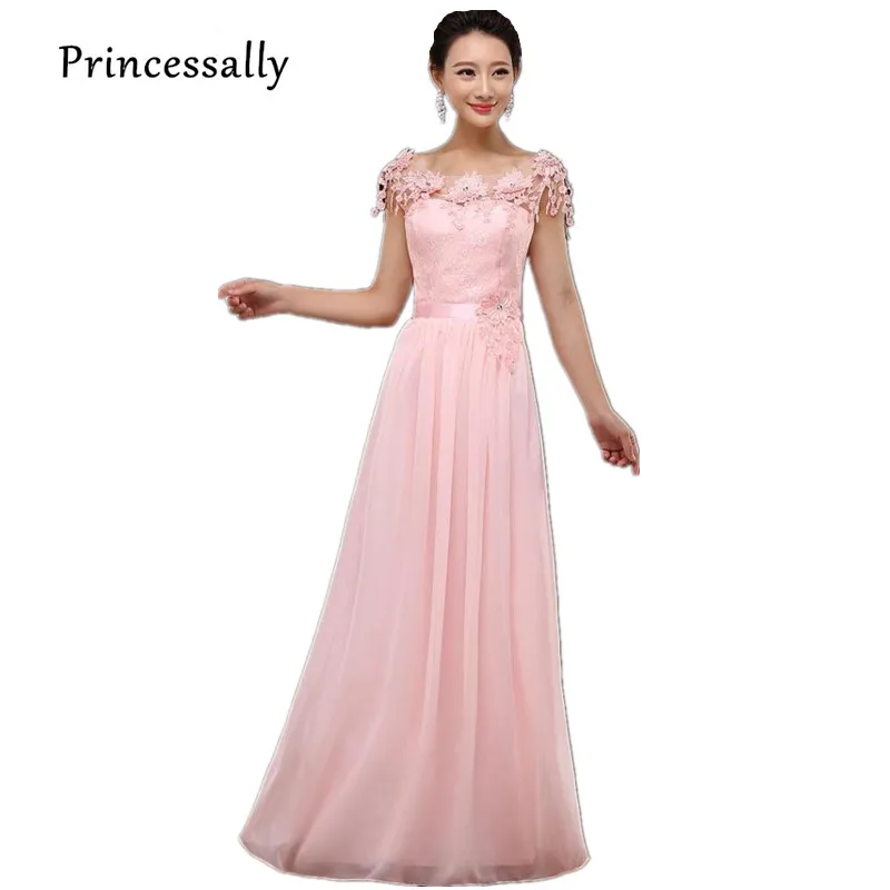 

Pink Bridesmaid Long Dresses Chiffon Lace Flower Short Sleeeve Vestido De Festa Cheap Bridesmaid Gown For Wedding Prom Under 50