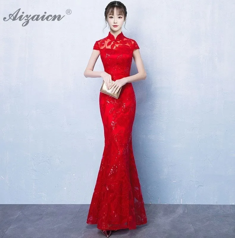 De color rojo sirena novia largo Cheongsam las mujeres chino tradicional boda Vestido Qipao Восточный de moda vestido de fiesta