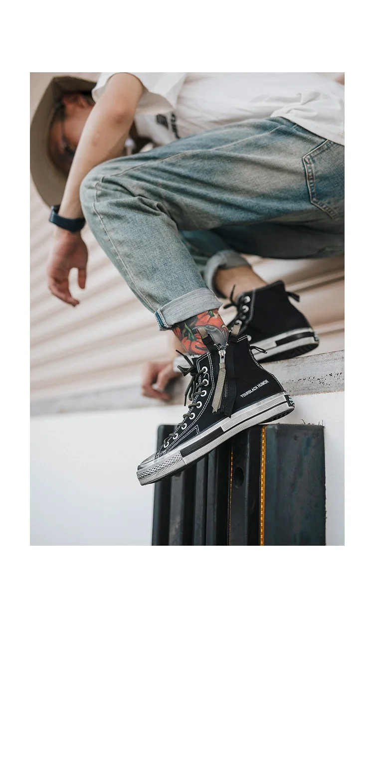 Men High Top Canvas Shoes Lace-up Sneakers Unisex Casual Shoes with Side Zipper Classic Retro Style Black High Quality Female