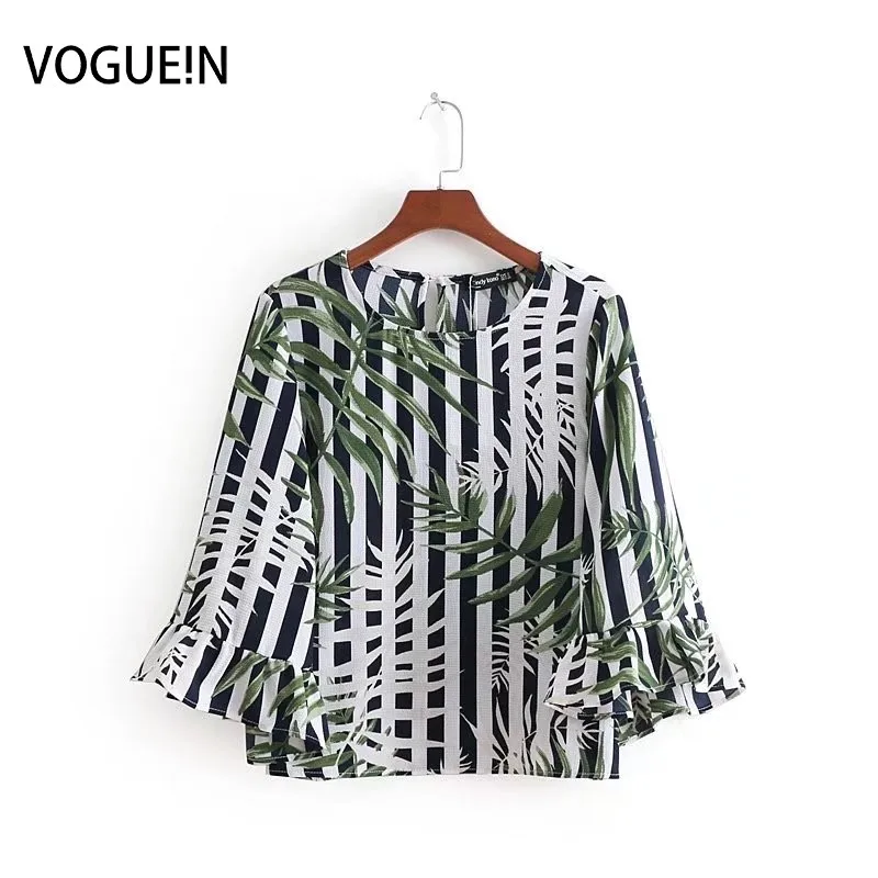 VOGUEIN New Womens Tropical Leaf Striped Print Flare