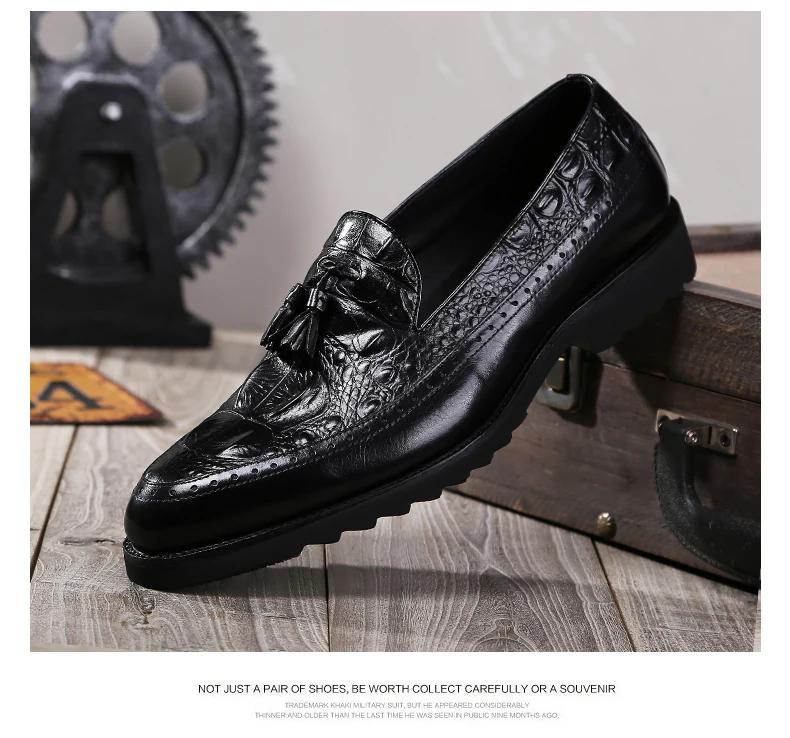 Men's Casual Wedding Dress Shoes Crocodile Leather Brogue Shoes Men Tassels Oxfords Shoes Slip-on Leather Penny Loafers Shoes (7)