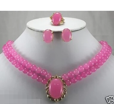 

FREE SHIPPING>>@> Free shipping New Jewelry Pink Jade Ring Stud Earrings Necklace Pendant sets Natural jewelry