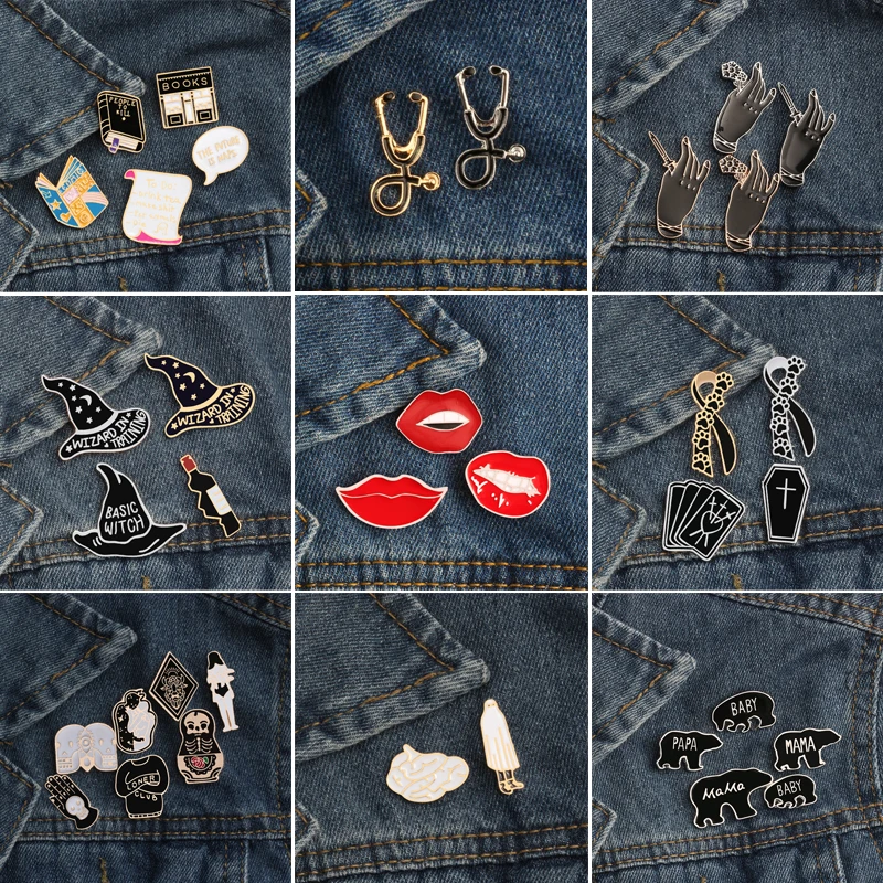 

2~7pcs/set Punk Brooches For Women Dark Lapel Black Jackets Accessories Pins Skull Devil Coffin Skeleton Lipes Gothic Jewelry