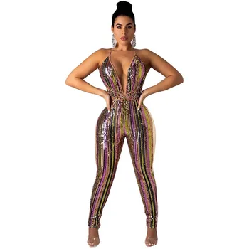 

2019 Deep V-Neck Sequin Jumpsuit Women Sleeveless Sexy Jumpsuit Backless Skinny Clubwear
