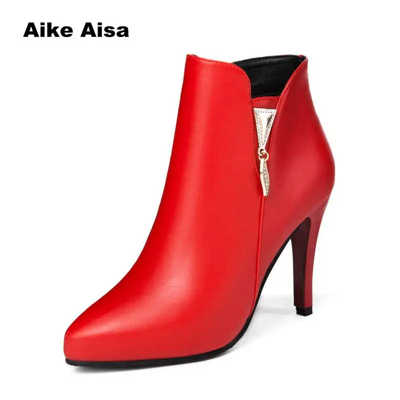 

2019 Spring Autumn Stiletto Thin High Heels Pointed Toe Faux Leather Zipper Style Sexy Ankle Womens Boots Bota Feminina W023