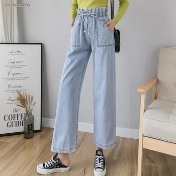 

New Arrivals 2019 Autumn Bud Straight Jeans Trousers Women Blue High Waist Streetwear Wide Leg Jean Pants Female