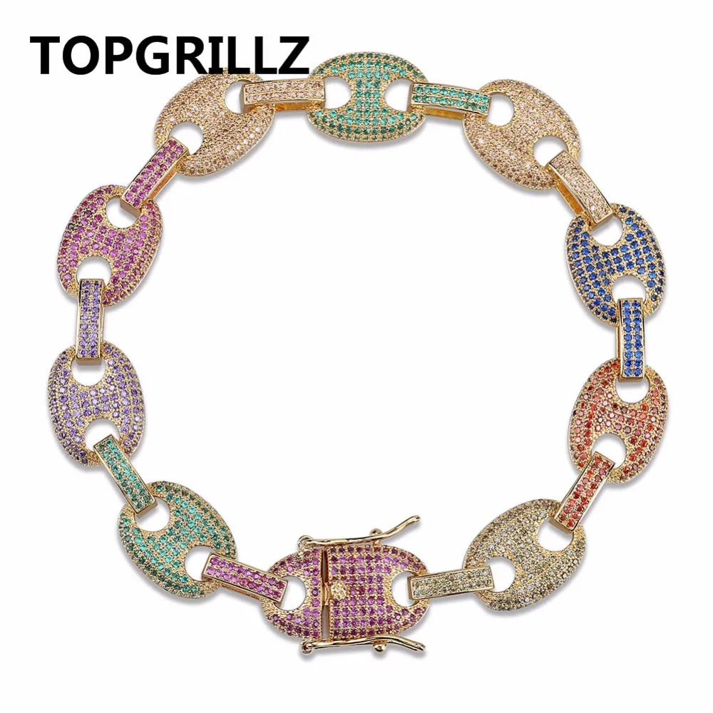 TOPGRILLZ Hip Hop Iced Out Bling Bracelet Copper Gold Silver Color Micro Pave Multicolor Bracelets Charm For Men Gifts 7 8 inch multicolor owl charm bracelet 3pcs
