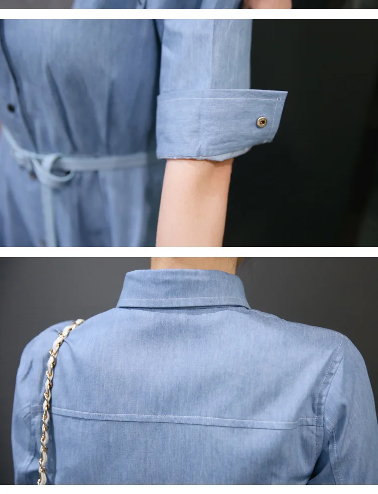  Women's clothing solid color half-sleeved belt slim denim shirt dress ladies fashion casual long section jeans dress (18)