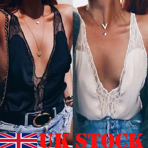 

Fashion Women Plunge Lace V Neck Sexy Top Ladies Summer Sleeveless Deep V-Neck Lace Tanks