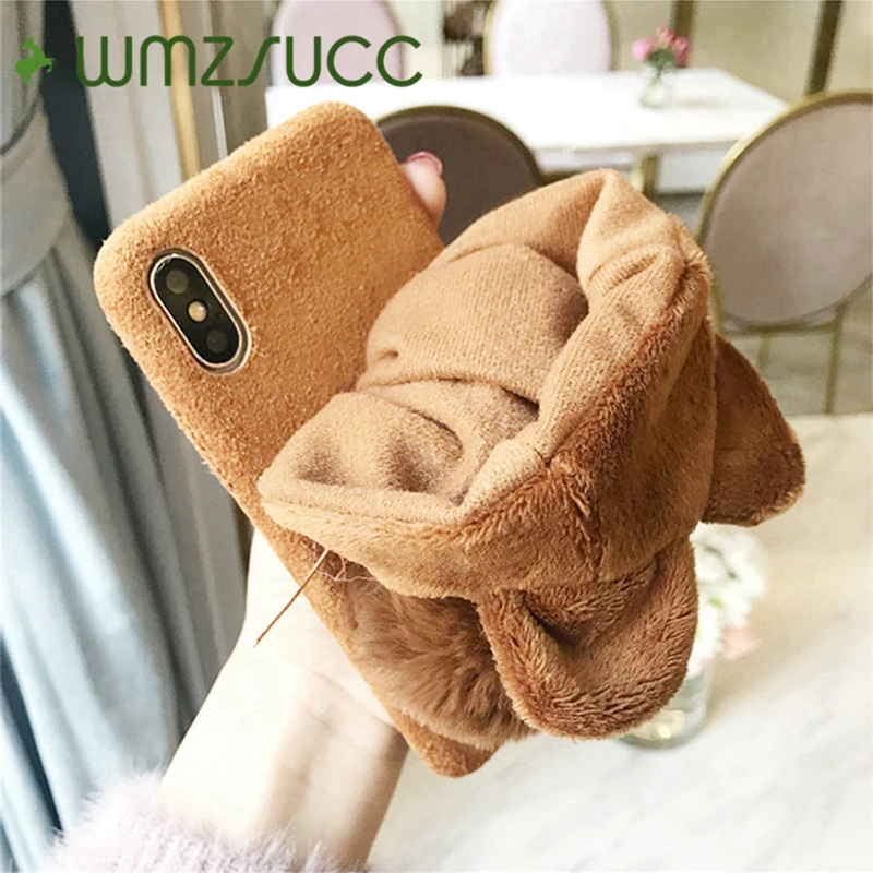 WMZSUCC Fluffy Cute Bear Plush TPU Phone Case for iPhone X 6 6s 7 8