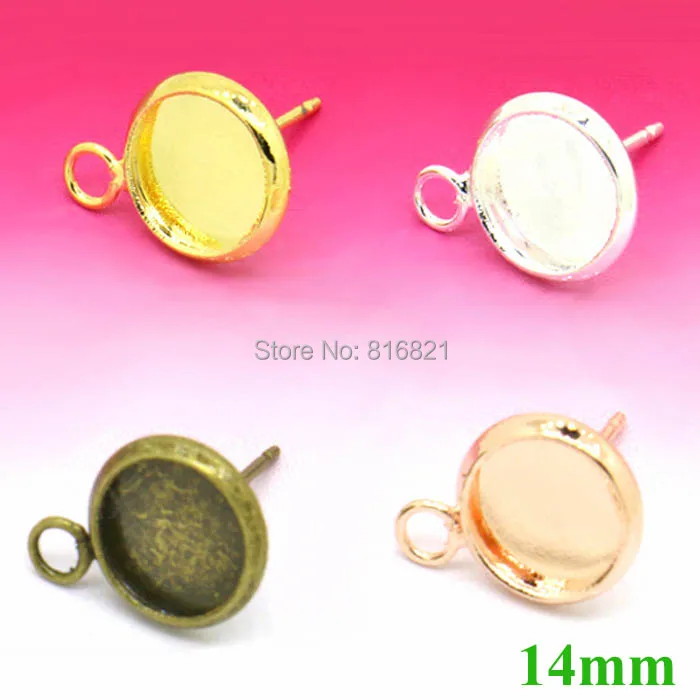 

14mm Multi-color Plated Brass Blank Earrings Bases Cabochons Round Bezel w/ a Loop on side stud Earrings Post Settings Findings