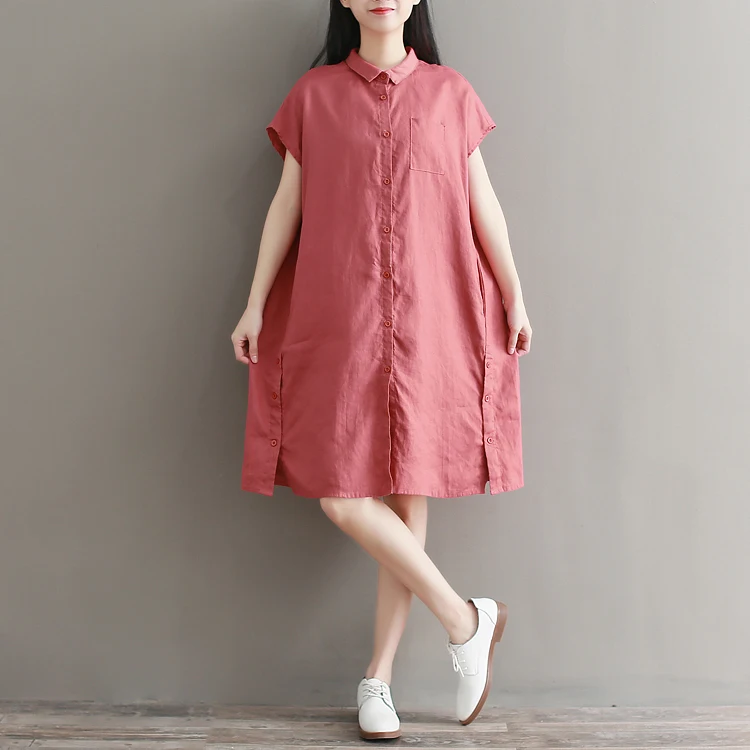 Women Fashion Retro Dresses Loose Short Sleeve Cotton And Linen Summer Shirt Dress Vintage Knee-Length Vestidos De Fiesta | Женская