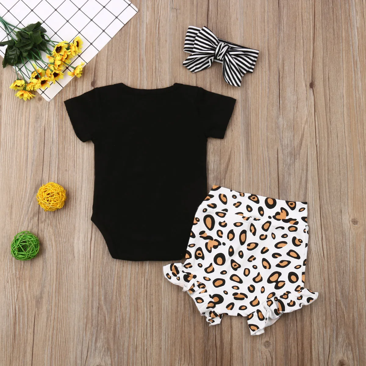Комплект из 3 предметов, хлопковый комбинезон с короткими рукавами для новорожденных девочек, Детский костюм с леопардовым принтом комплект одежды для малышей 0-24 месяцев