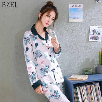 

BZEL Plus Size Women Pajama Turn-down Collar Sleepwear Two Piece Set Tops+Pants Cute Casual Pyjamas Pijamas Femme At All Seasons