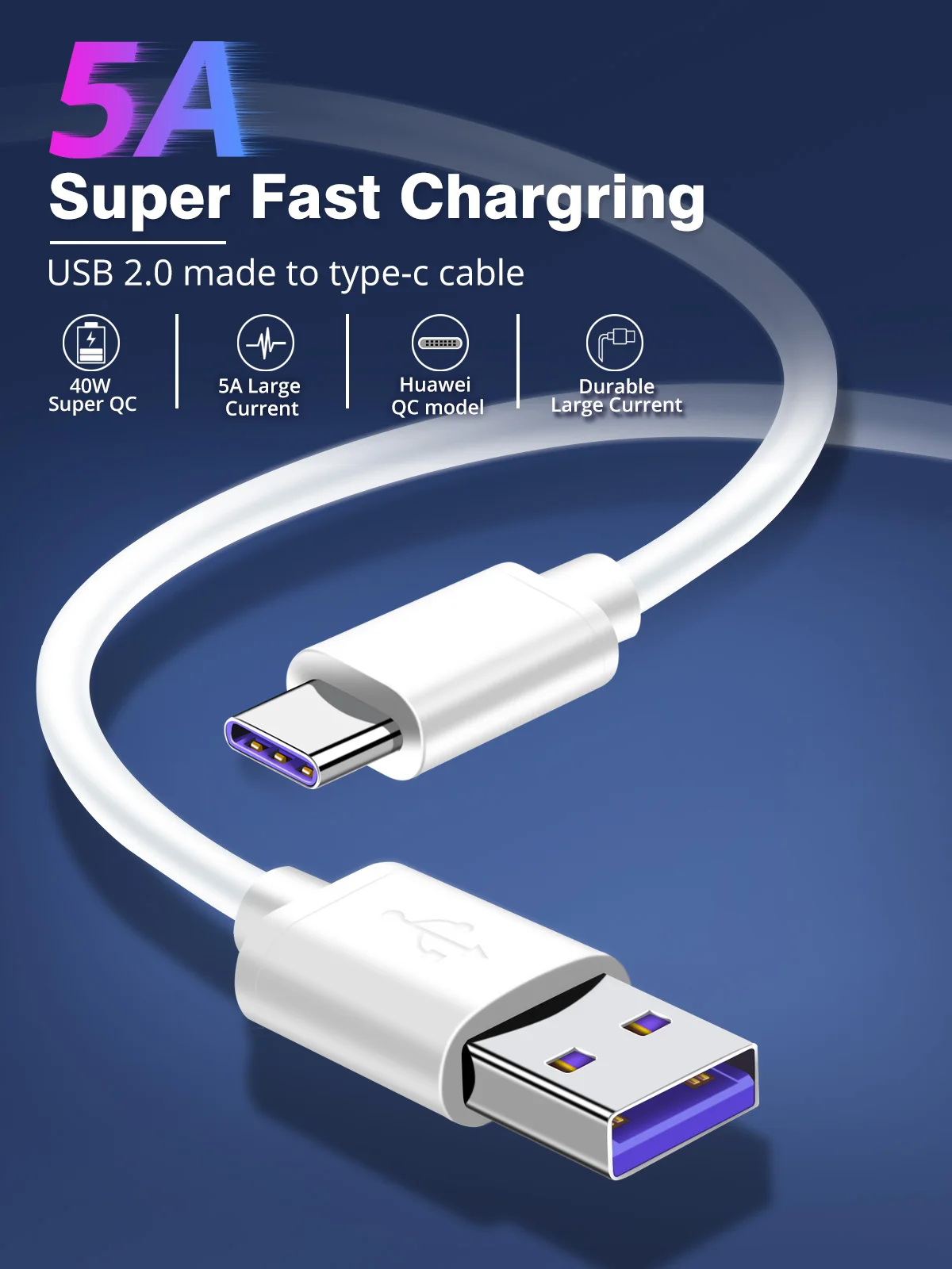 FONKEN USB Type C Cable 5A Quick Charger Type-C Phone Cable USB C SCP FCP QC4.0 QC3.0 Fast Charging Universal Android Data Cord