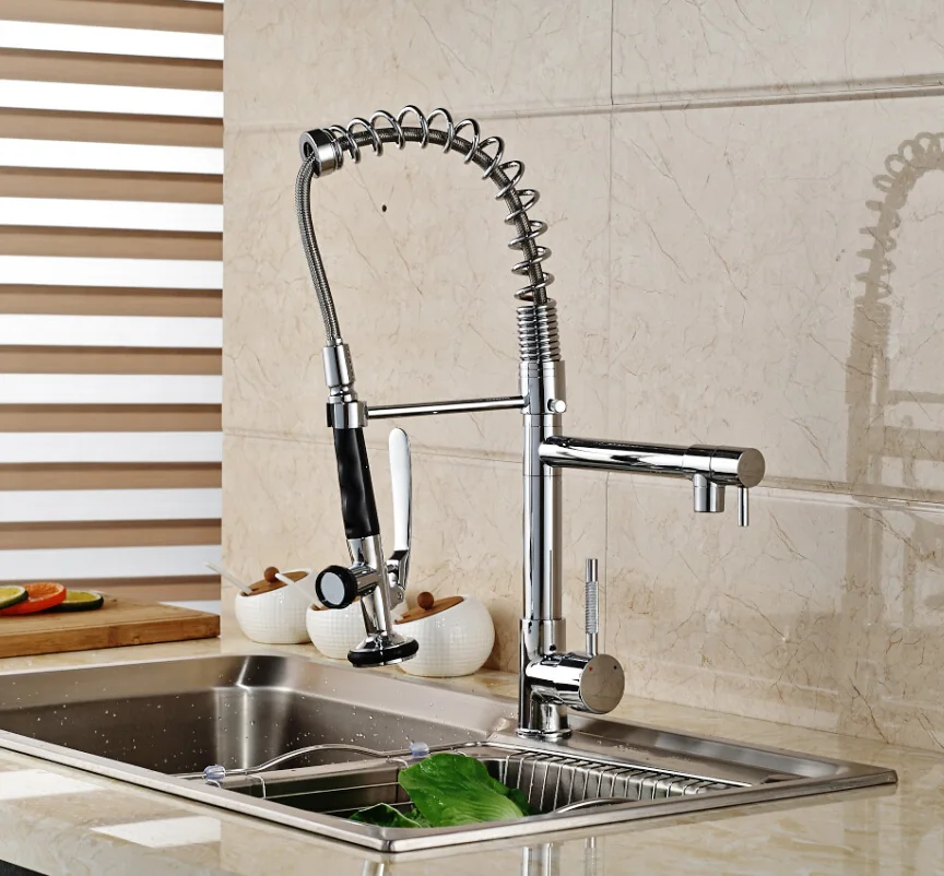 Single Handle Spring Kitchen Sink Faucet Mixer Taps with Hot Cold Water Handsfree Sprayer Head