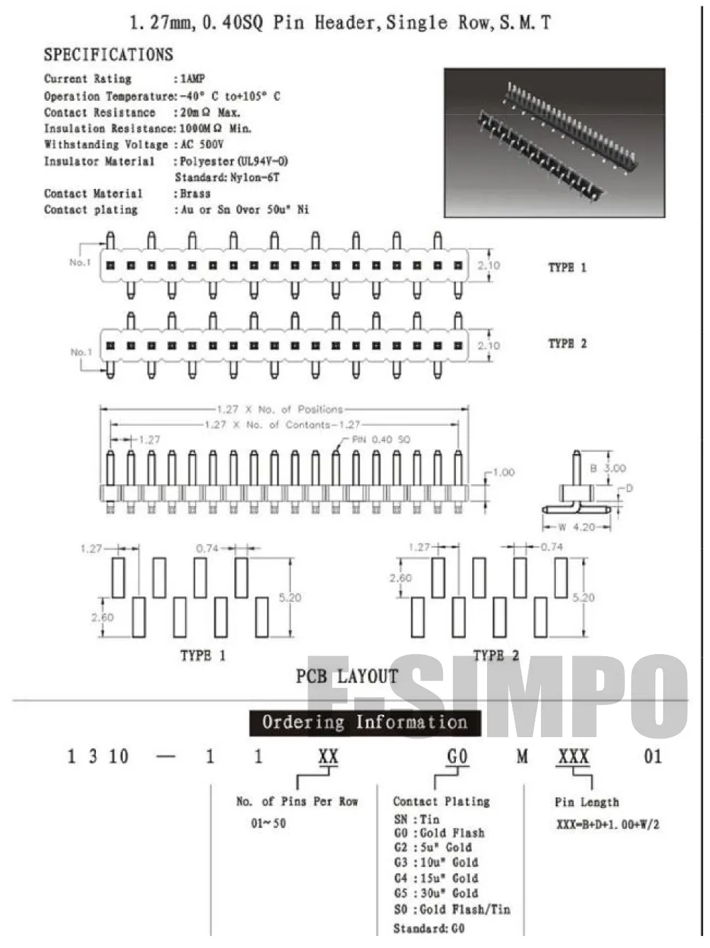 1.27MM SMD Pin Header, male pin