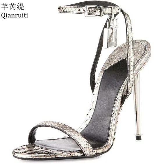 Qianruiti/кожаные сандалии-гладиаторы на высоком каблуке; цвет золотистый, Серебристый; женские туфли-лодочки с ремешком на щиколотке и замком; женская обувь на металлическом каблуке с открытым носком - Цвет: Silver 2