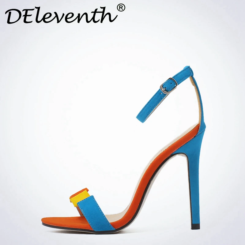 Tacones Empalme Patchwork Zapatos Stiletto Altos Gamuza Mujeres Hebilla Correa Toe Sexy Sandalias 2017 Mujer Azul Mixcolor Peep XEqPnz
