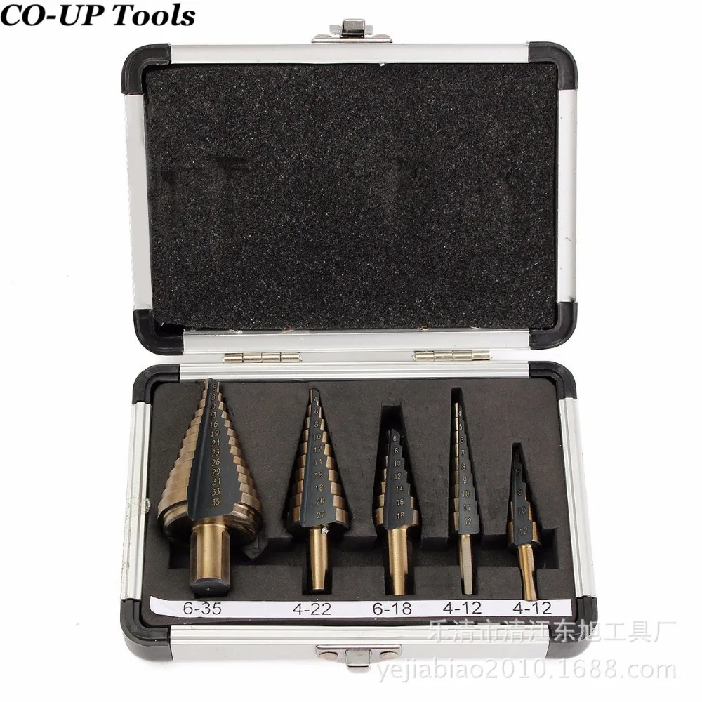 

High Quality 5pcs/Set HSS COBALT MULTIPLE HOLE 50 Sizes STEP DRILL BIT SET w Aluminum Case