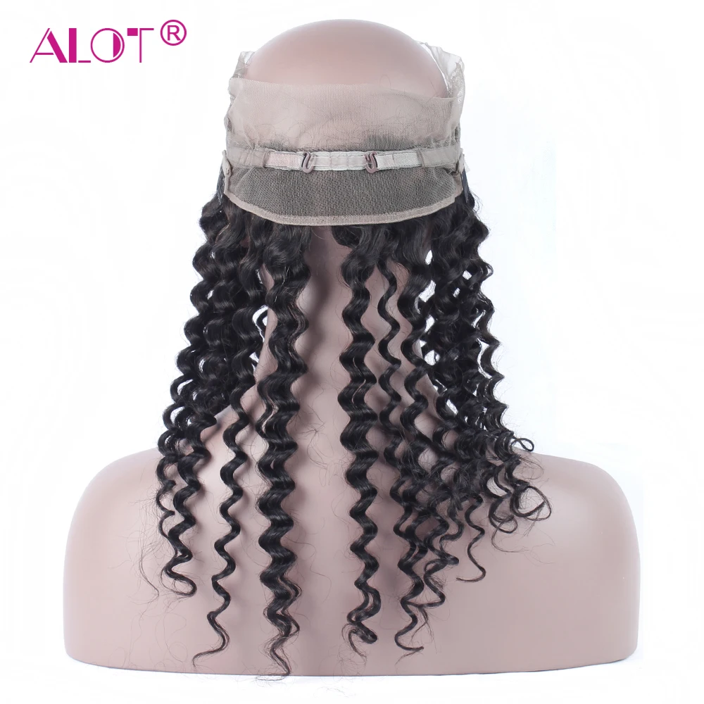 Alot Brazilian Deep Wave 360 Lace Frontal Closure Pre Plucked With Baby Hair Adjustable Band 10 To 20 Non-Remy Natural Black