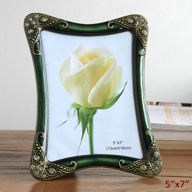 

Elegant Antique Brass Plating Green Hand Painted and Jeweled 5 by 7 Rectangle Shaped Tabletop Metal Photo Frame