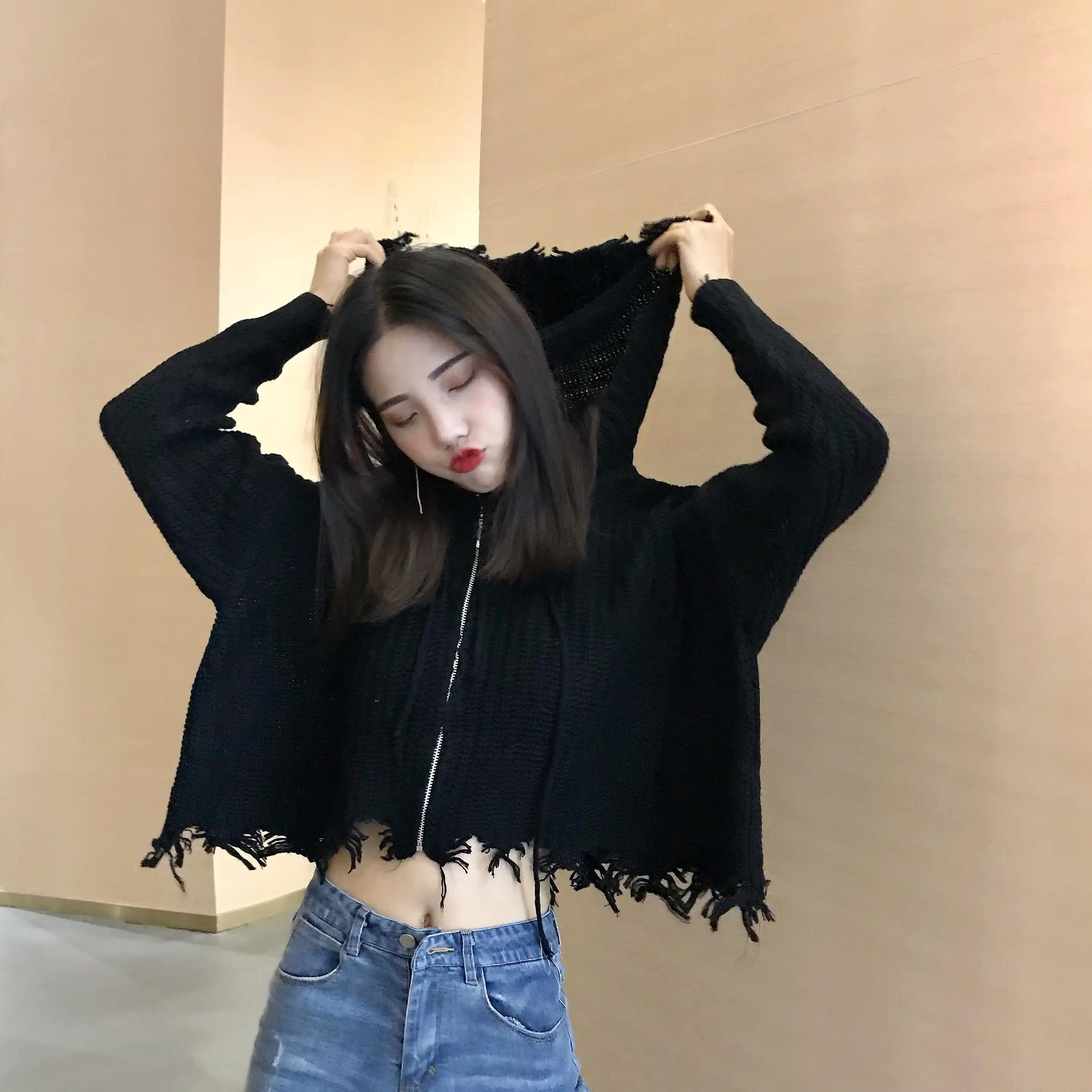 高品質秋の新韓国女性の服ファッション特大フルニット固体ショートカジュアルジッパーコートフード付きセーター カーディガン Aliexpress