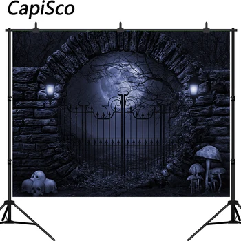 

Capisco Halloween Backdrops Old Stone Arch Door Iron gate Moon Tree Branch Baby Photographic Backgrounds Photocall Photo Studio