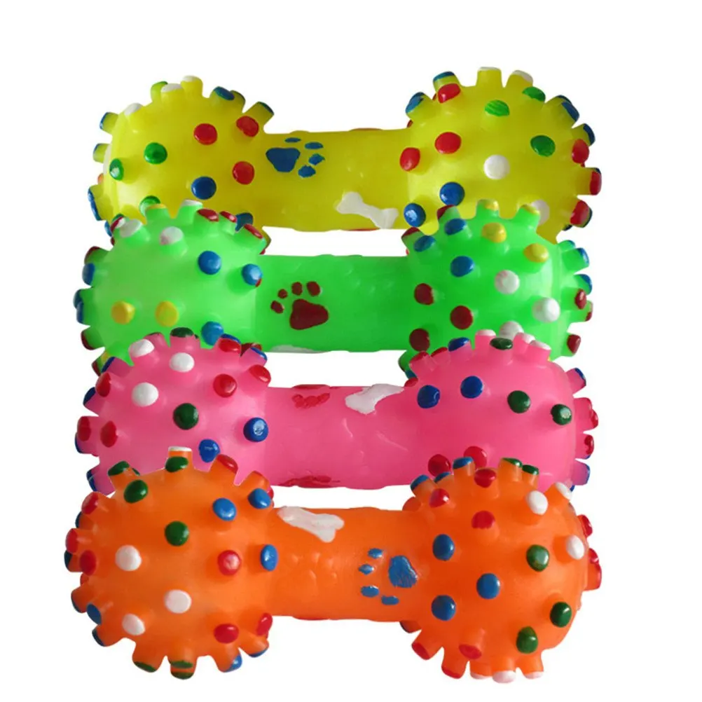 Colorful Dotted Dumbbell Shaped Dog Toys Squeeze Squeaky Faux Bone Pet