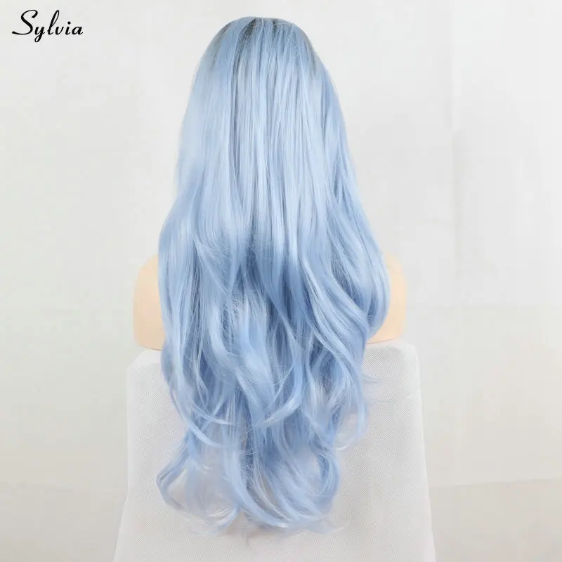 Sylvia длинные волнистые волосы натуральный черный корень Ombre небесно голубой