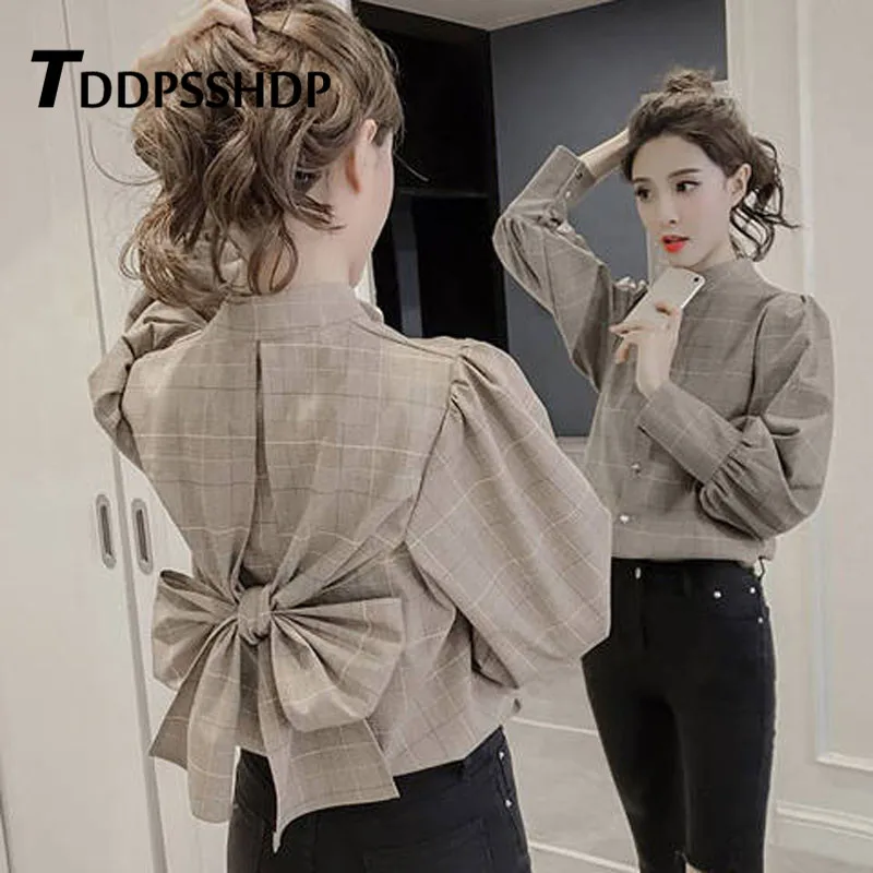 

2019 Korean Kawaii Spring Back with Bowknot Women Blouse Long Sleeve Chic Fashion Female Blouses