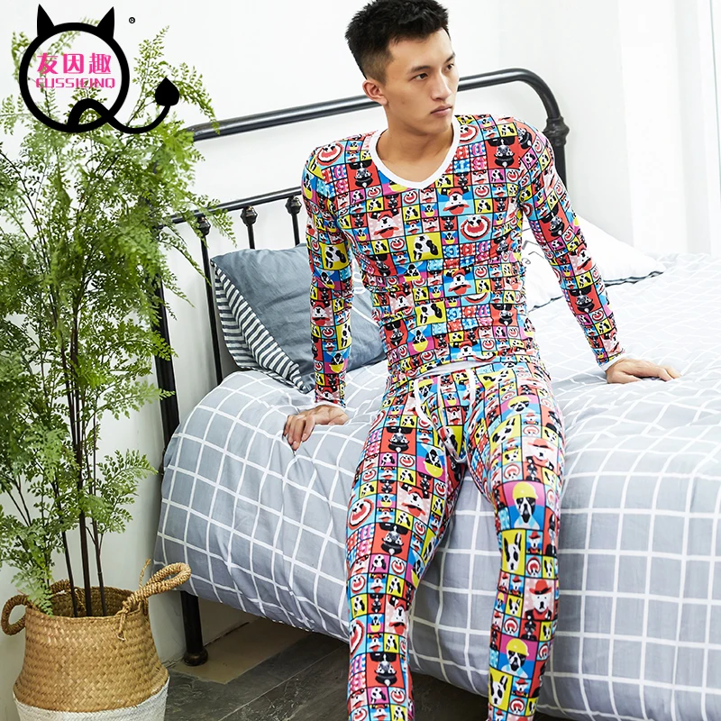 men's fashion printed cotton long johns pants warm trousers render underpants Man tight trousers of winter legging one set