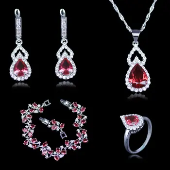 

Distinctive Rose Red Created Garnet 4PCS Jewelry Set Silver Color Earring Ring Necklace Pendant Bracelet Christmas gift