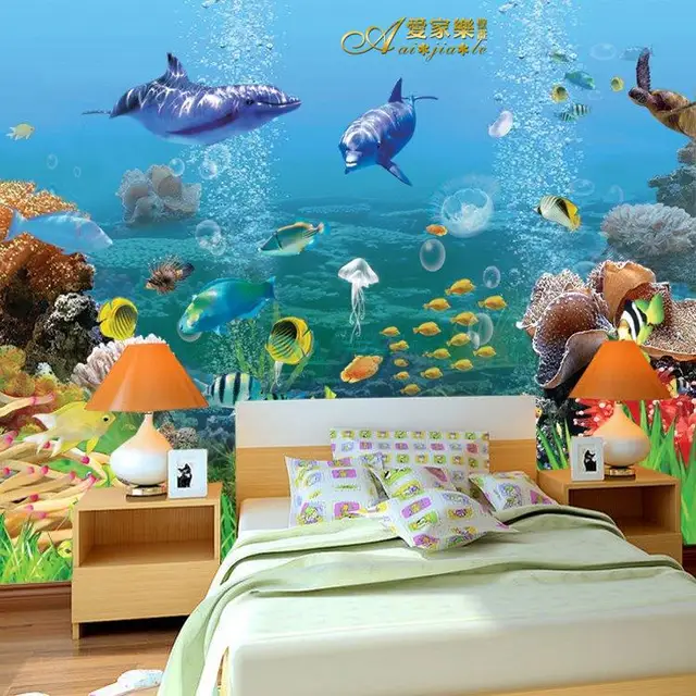 Free Shipping Stereo Mural Wallpaper Underwater World Marine Fish Free Shipping Stereo Mural Wallpaper Underwater World Marine Fish Kids Room Custom Size