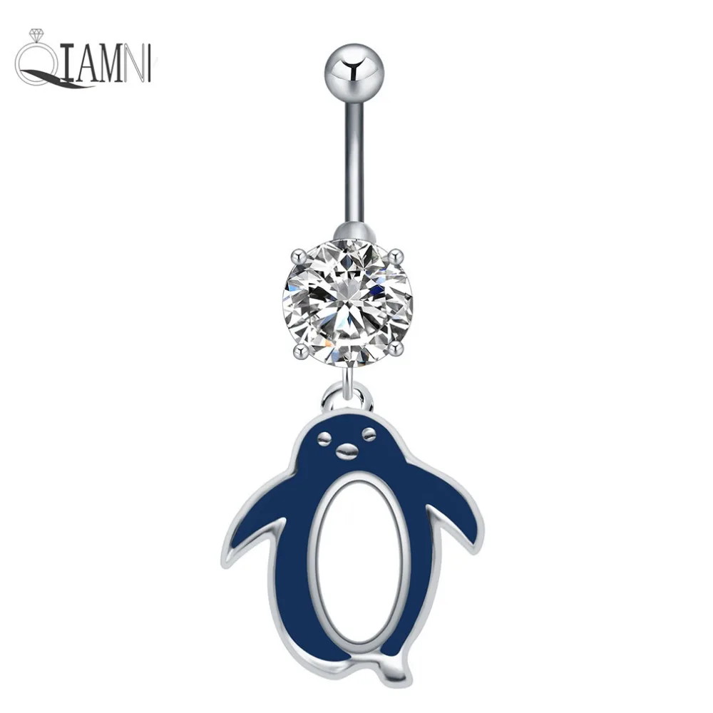 

QIAMNI Sexy Penguin Animal Pendant Zircon Piercing Dangle Barbell Ring Button Navel Belly Girl Women Christmas Gift Body Jewelry