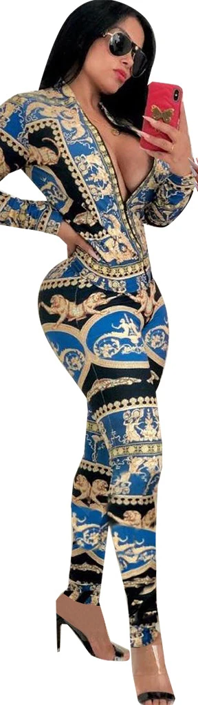 Женский сексуальный кардиган с геометрическим узором, топ, комбинезон с длинными рукавами, глубокий v-образный вырез, облегающий цельный комбинезон - Цвет: Blue