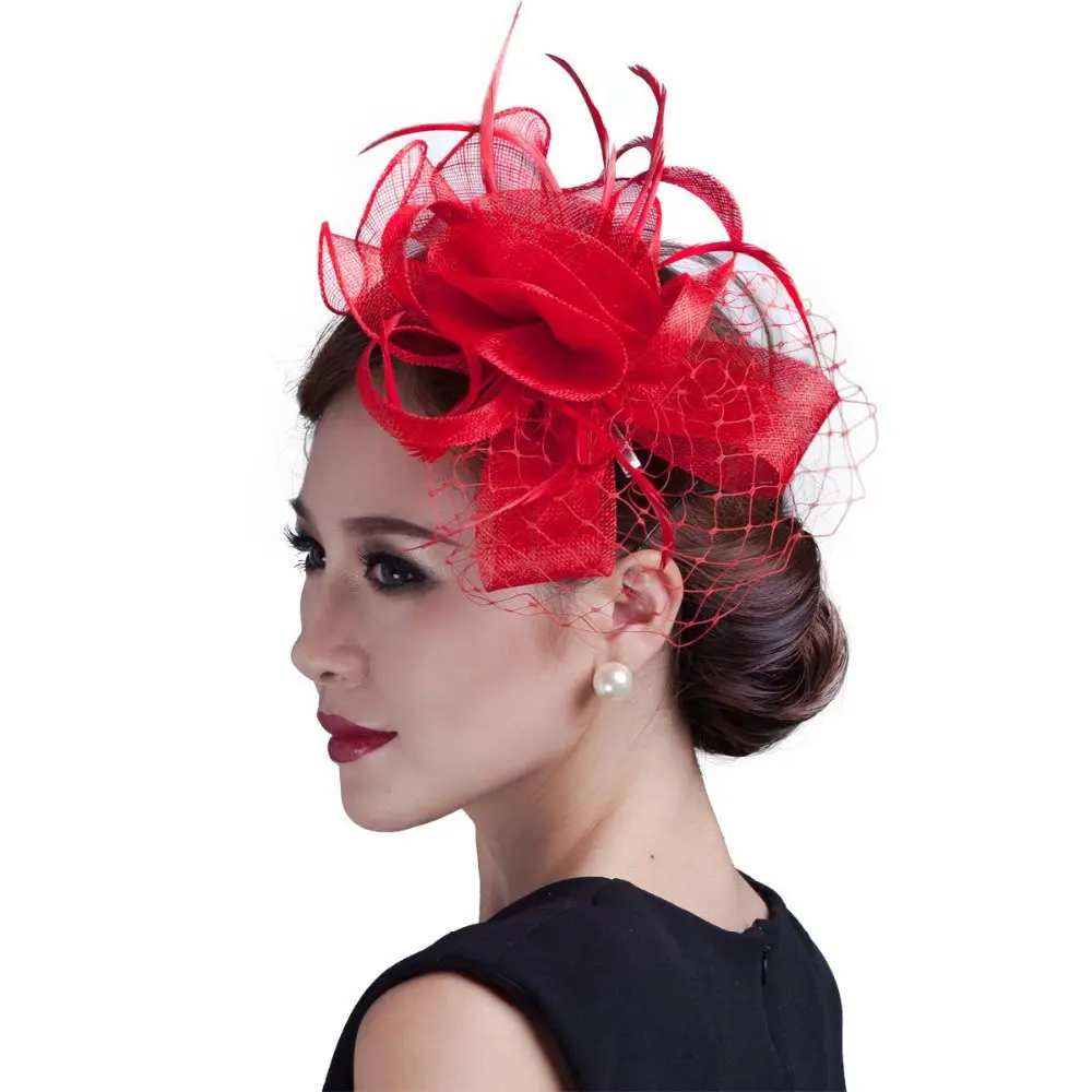 Women Fancy Feather Fascinator Hats Birdcage Veil Wedding cocktail Hats
