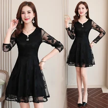 font b Summer b font Women s Lace Black V neck Long Sleeve Mini font